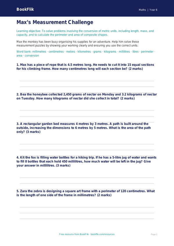 Free Measurement Worksheet | Year 6 Core | BookFlik worksheet preview — Maths Measurement
