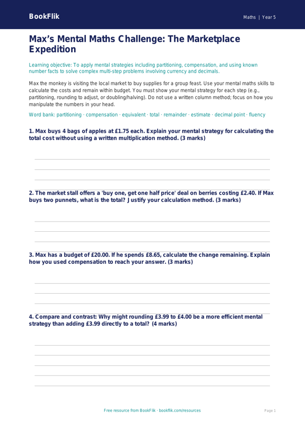 Free Mental Maths Template | Year 5 Greater Depth | BookFlik worksheet preview — Maths Mental Maths