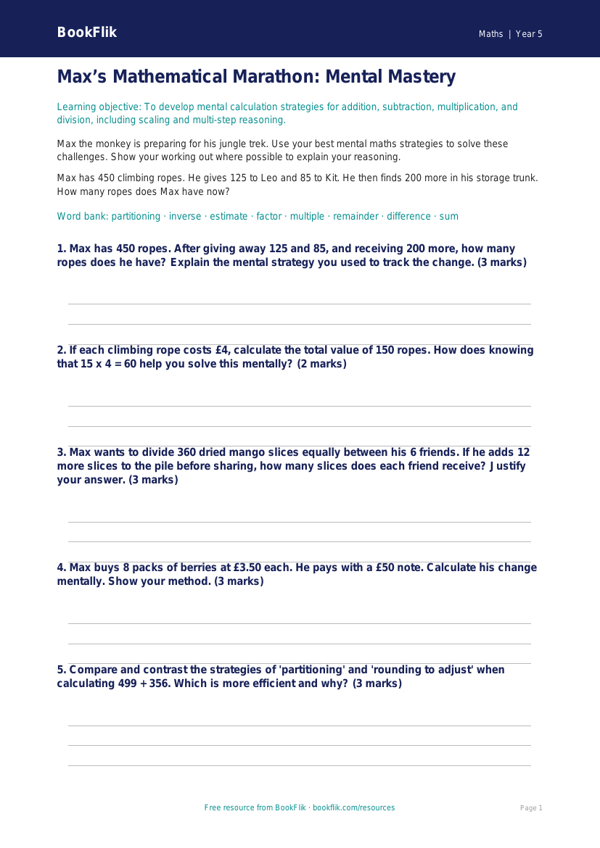 Free Mental Maths Worksheet | Year 5 Greater Depth | BookFlik worksheet preview — Maths Mental Maths