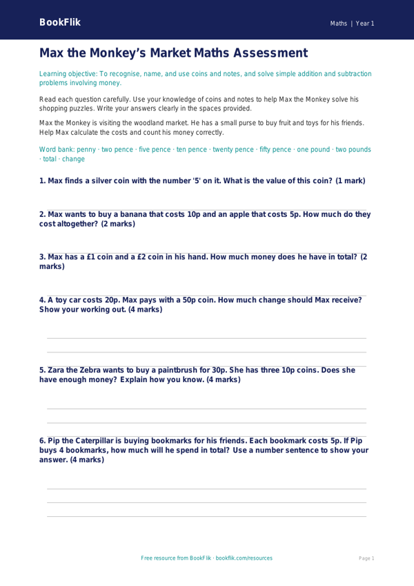 Free Money Assessment | Year 1 Core | BookFlik worksheet preview — Maths Money