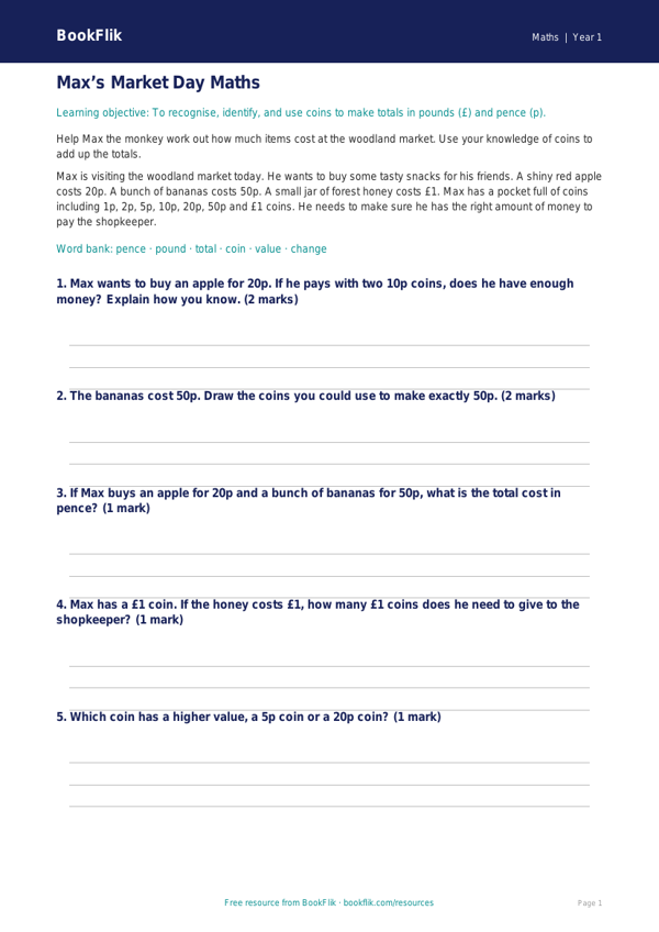 Free Money Track Sheet | Year 1 Core | BookFlik worksheet preview — Maths Money