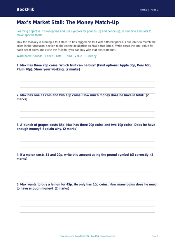 Free Money Activity Sheet | Year 2 Core | BookFlik worksheet preview — Maths Money
