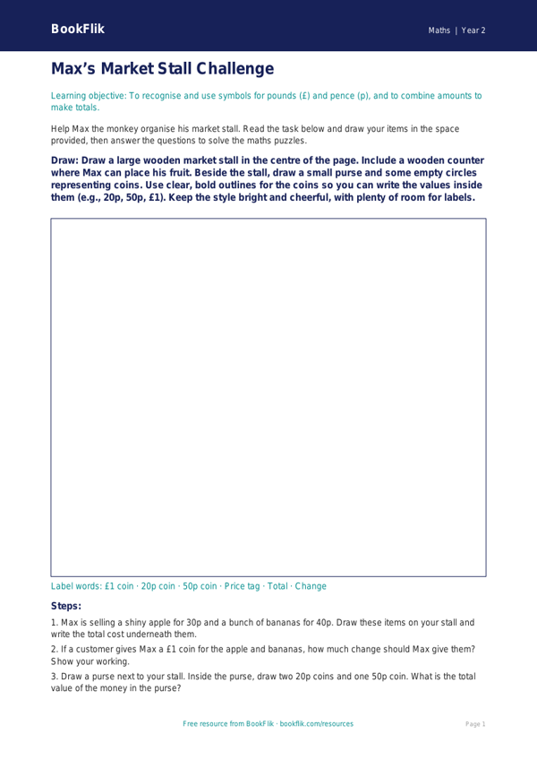 Free Money Drawing Sheet | Year 2 Core | BookFlik worksheet preview — Maths Money