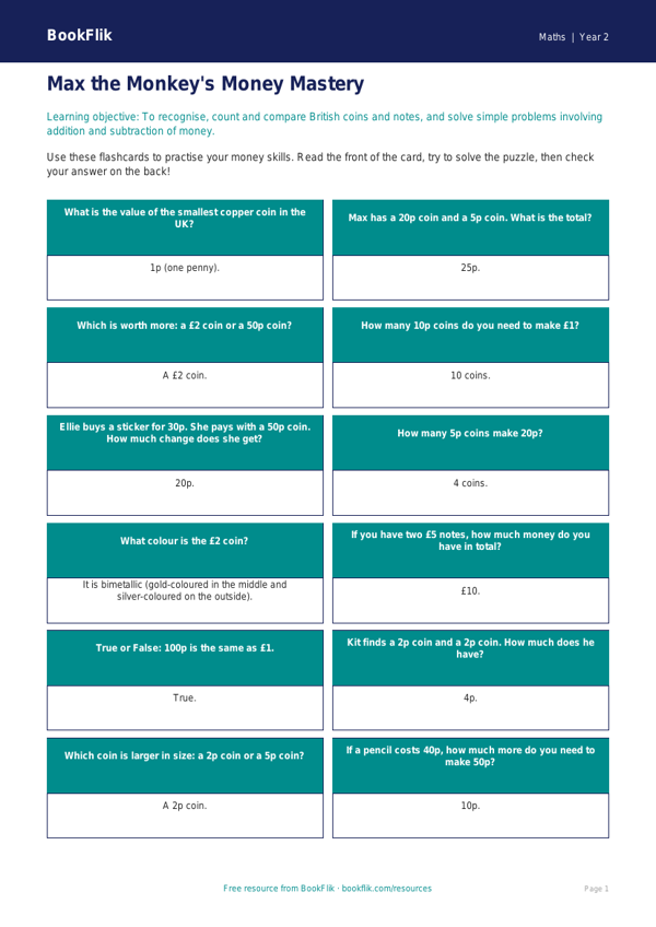 Free Money Flashcards | Year 2 Core | BookFlik worksheet preview — Maths Money