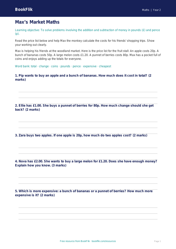 Free Money Track Sheet | Year 2 Core | BookFlik worksheet preview — Maths Money