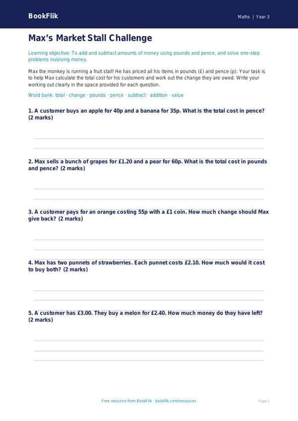Free Money Activity Sheet | Year 3 Core | BookFlik worksheet preview — Maths Money