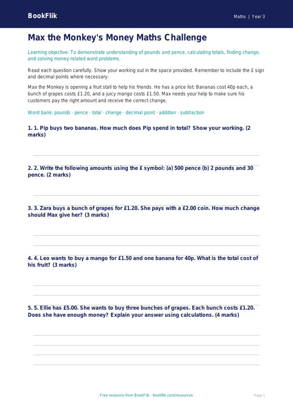 Free Money Assessment | Year 3 Core | BookFlik worksheet preview — Maths Money