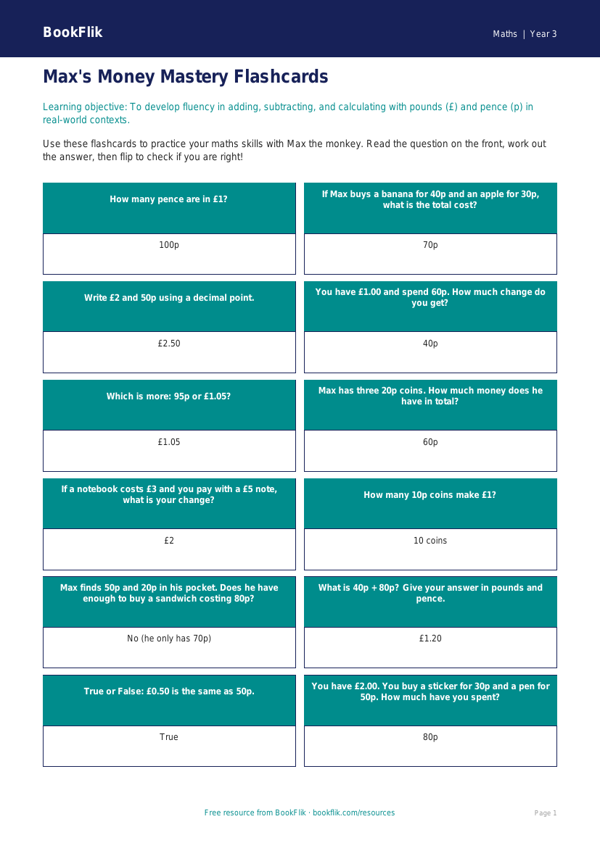 Free Money Flashcards | Year 3 Core | BookFlik worksheet preview — Maths Money