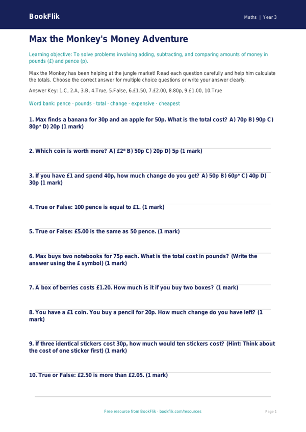 Free Money Quiz | Year 3 Core | BookFlik worksheet preview — Maths Money