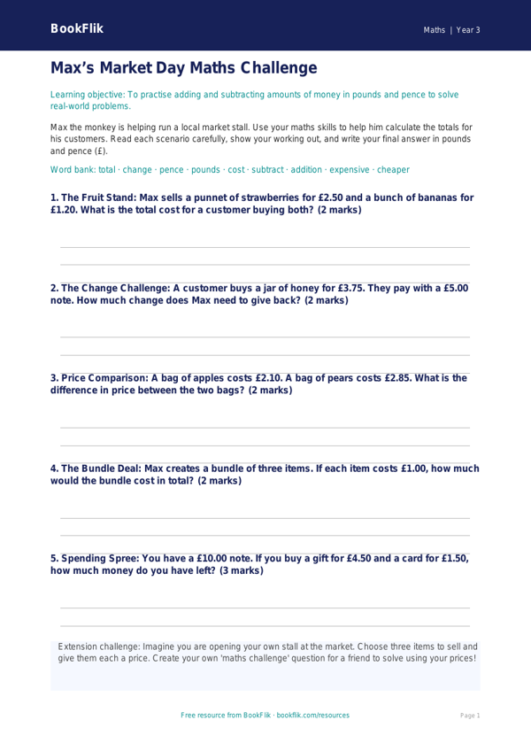 Free Money Template | Year 3 Core | BookFlik worksheet preview — Maths Money