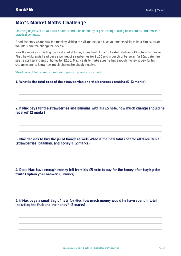 Free Money Track Sheet | Year 3 Core | BookFlik worksheet preview — Maths Money