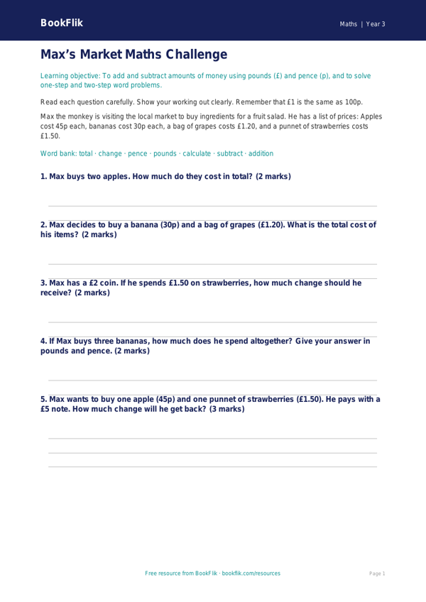 Free Money Worksheet | Year 3 Core | BookFlik worksheet preview — Maths Money
