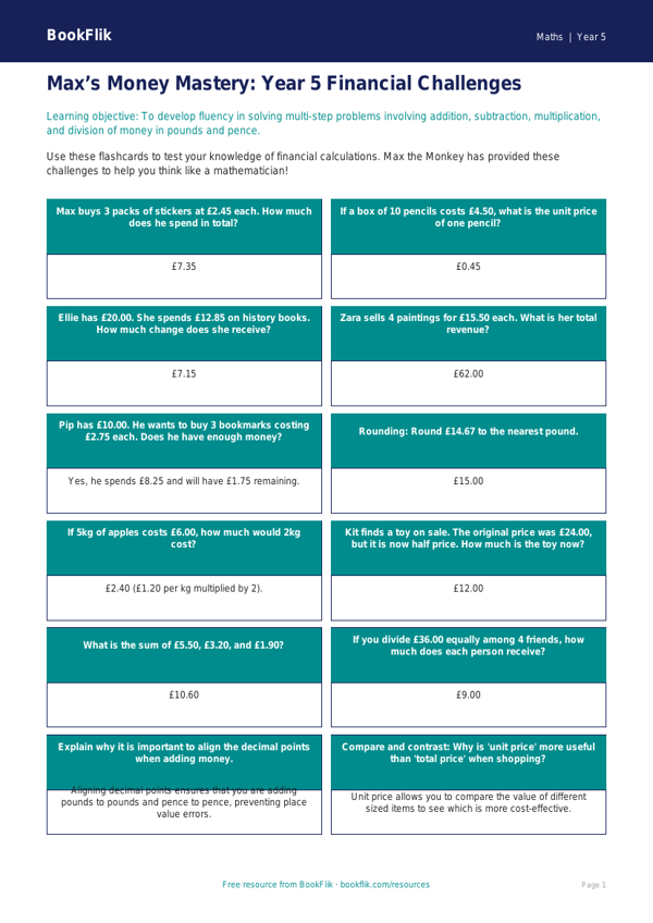 Free Money Flashcards | Year 5 Greater Depth | BookFlik worksheet preview — Maths Money