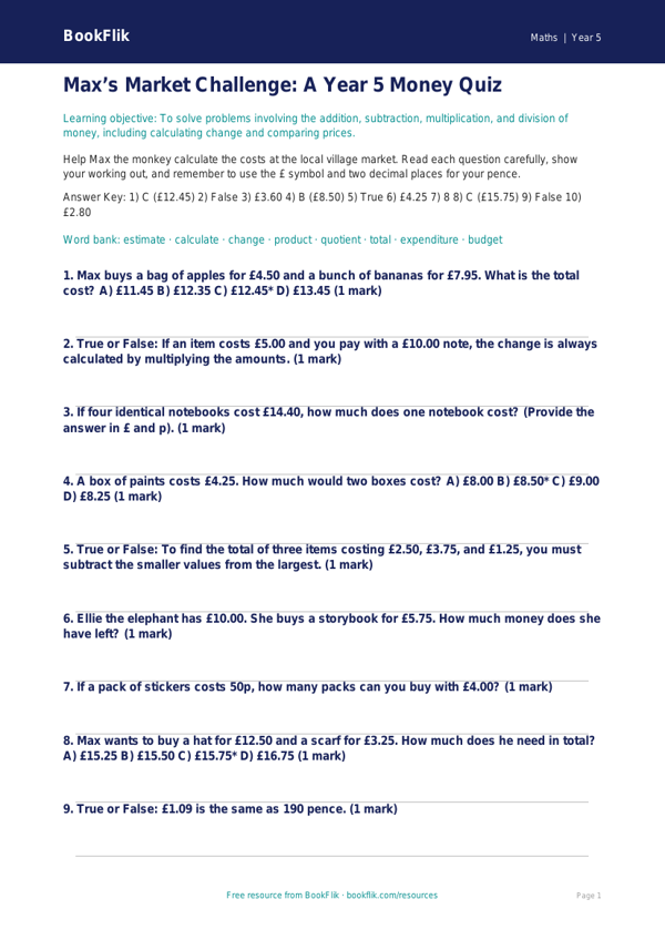 Free Money Quiz | Year 5 Greater Depth | BookFlik worksheet preview — Maths Money