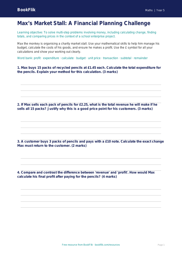 Free Money Template | Year 5 Greater Depth | BookFlik worksheet preview — Maths Money