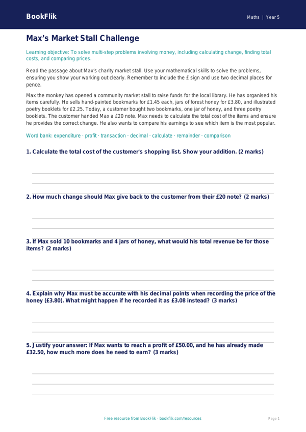 Free Money Track Sheet | Year 5 Greater Depth | BookFlik worksheet preview — Maths Money