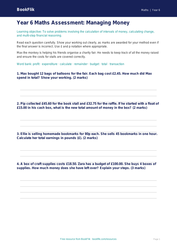 Free Money Assessment | Year 6 Core | BookFlik worksheet preview — Maths Money