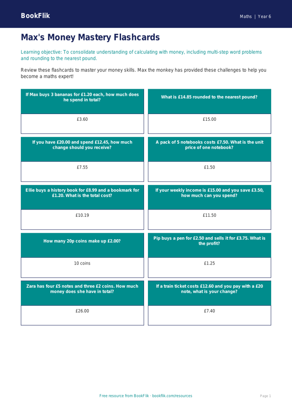 Free Money Flashcards | Year 6 Core | BookFlik worksheet preview — Maths Money