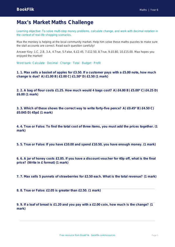 Free Money Quiz | Year 6 Core | BookFlik worksheet preview — Maths Money