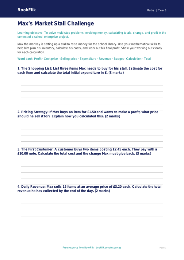 Free Money Template | Year 6 Core | BookFlik worksheet preview — Maths Money