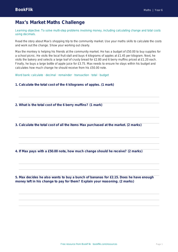 Free Money Track Sheet | Year 6 Core | BookFlik worksheet preview — Maths Money