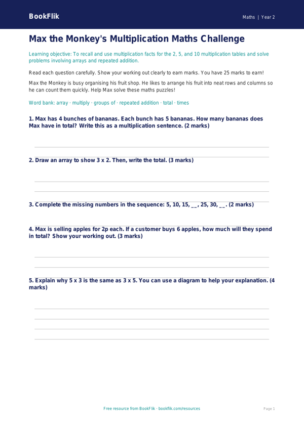 Free Multiplication Assessment | Year 2 Core | BookFlik worksheet preview — Maths Multiplication