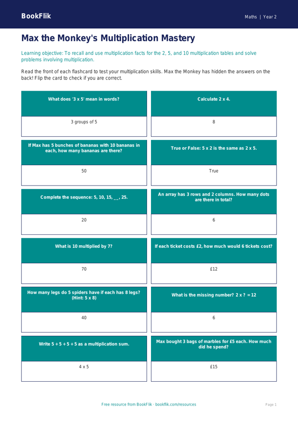 Free Multiplication Flashcards | Year 2 Core | BookFlik worksheet preview — Maths Multiplication