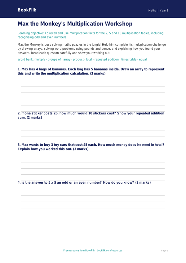 Free Multiplication Template | Year 2 Core | BookFlik worksheet preview — Maths Multiplication