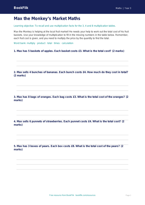 Free Multiplication Activity Sheet | Year 3 Core | BookFlik worksheet preview — Maths Multiplication