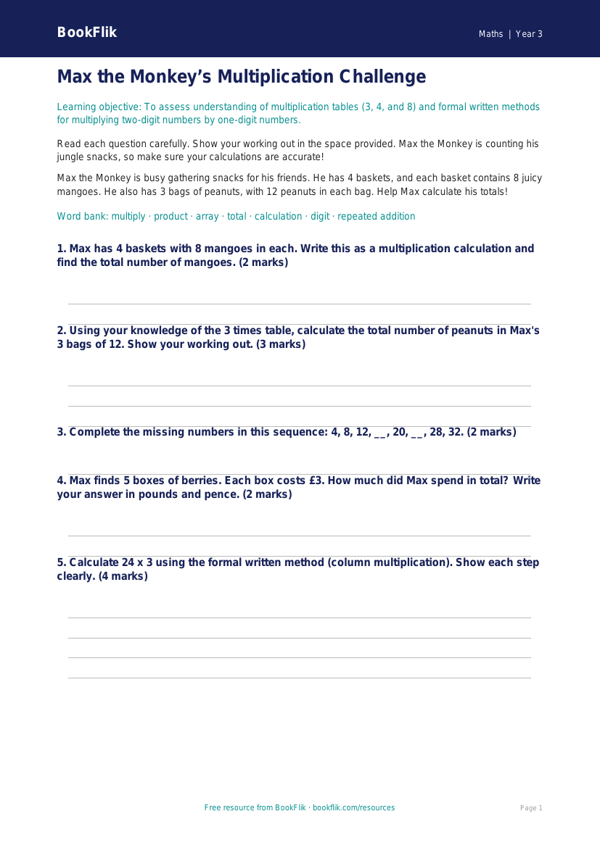 Free Multiplication Assessment | Year 3 Core | BookFlik worksheet preview — Maths Multiplication