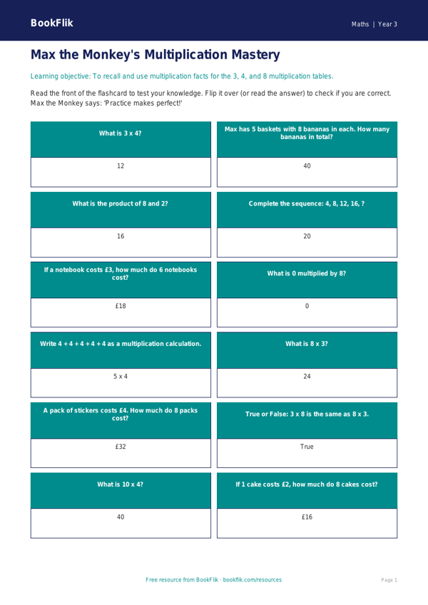 Free Multiplication Flashcards | Year 3 Core | BookFlik worksheet preview — Maths Multiplication
