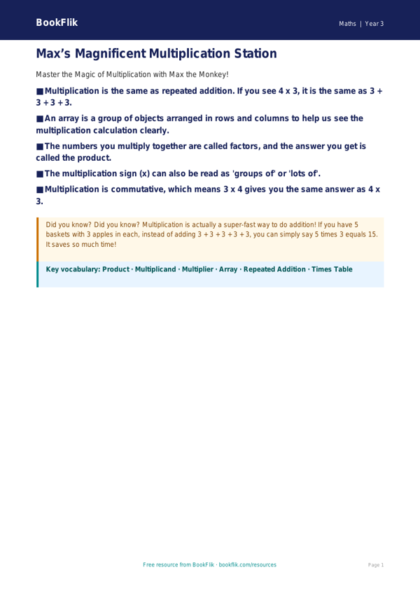 Free Multiplication Poster | Year 3 Core | BookFlik worksheet preview — Maths Multiplication