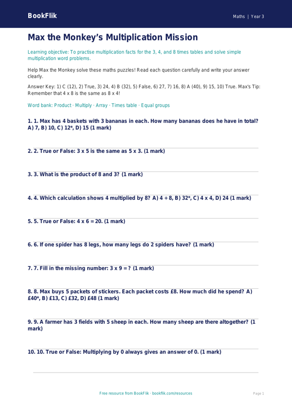 Free Multiplication Quiz | Year 3 Core | BookFlik worksheet preview — Maths Multiplication