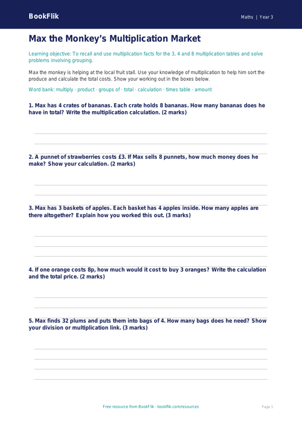 Free Multiplication Template | Year 3 Core | BookFlik worksheet preview — Maths Multiplication