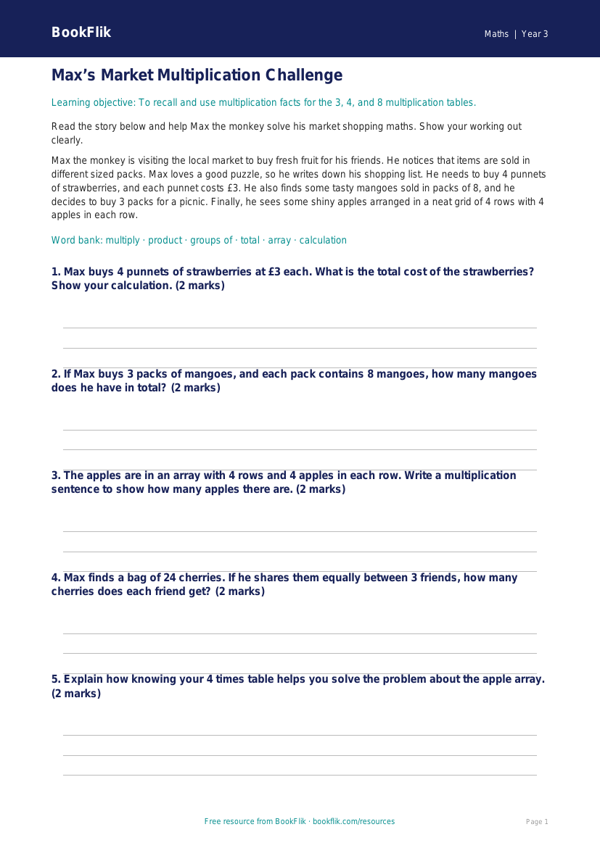 Free Multiplication Track Sheet | Year 3 Core | BookFlik worksheet preview — Maths Multiplication