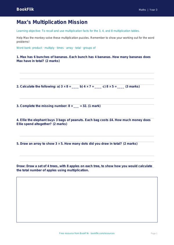 Free Multiplication Worksheet | Year 3 Core | BookFlik worksheet preview — Maths Multiplication