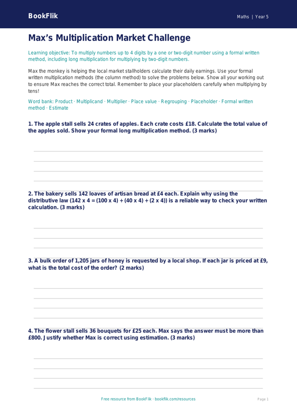 Free Multiplication Activity Sheet | Year 5 Greater Depth | BookFlik worksheet preview — Maths Multiplication