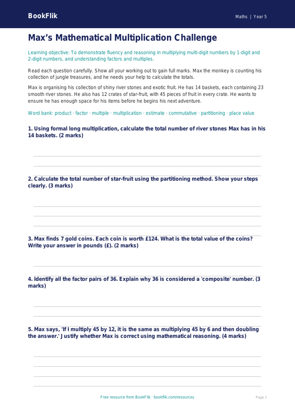 Free Multiplication Assessment | Year 5 Greater Depth | BookFlik worksheet preview — Maths Multiplication