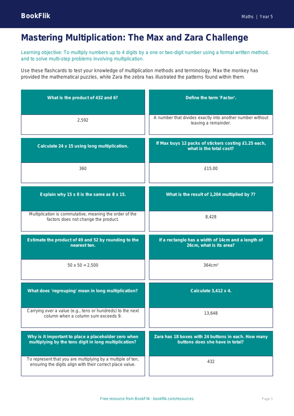 Free Multiplication Flashcards | Year 5 Greater Depth | BookFlik worksheet preview — Maths Multiplication