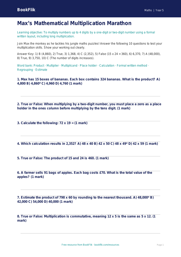 Free Multiplication Quiz | Year 5 Greater Depth | BookFlik worksheet preview — Maths Multiplication