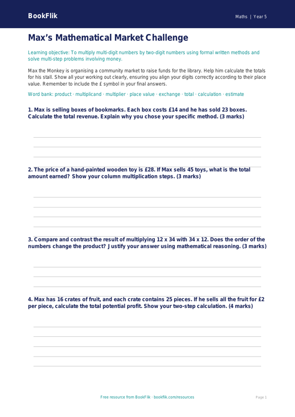 Free Multiplication Template | Year 5 Greater Depth | BookFlik worksheet preview — Maths Multiplication