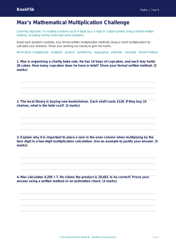 Free Multiplication Worksheet | Year 5 Greater Depth | BookFlik worksheet preview — Maths Multiplication