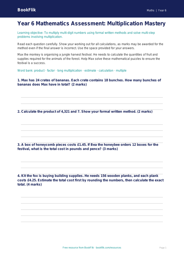 Free Multiplication Assessment | Year 6 Core | BookFlik worksheet preview — Maths Multiplication
