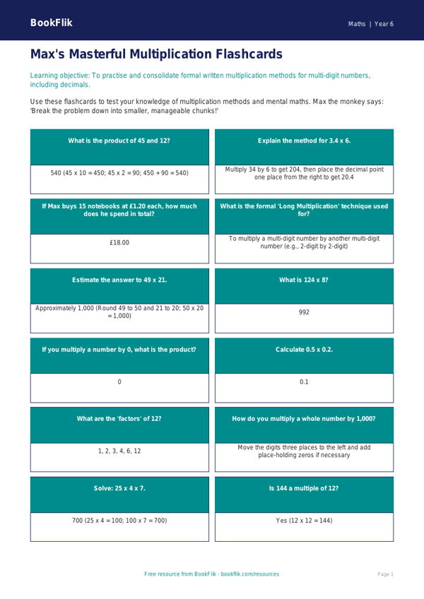Free Multiplication Flashcards | Year 6 Core | BookFlik worksheet preview — Maths Multiplication