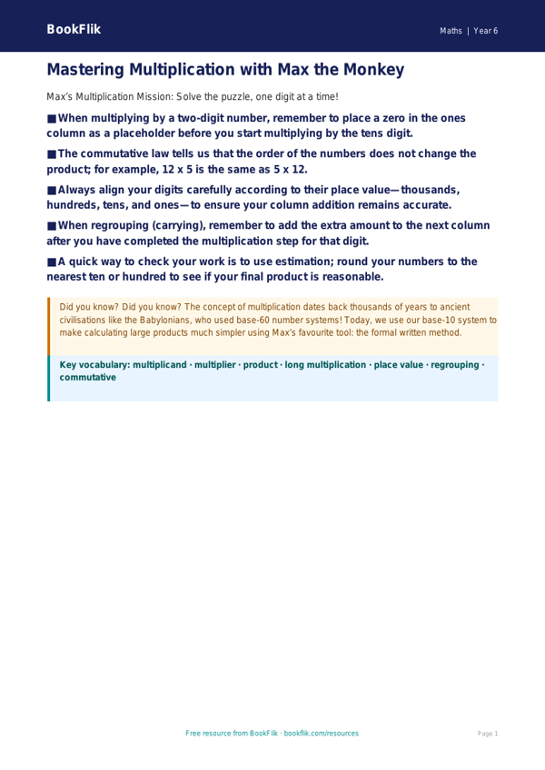 Free Multiplication Poster | Year 6 Core | BookFlik worksheet preview — Maths Multiplication
