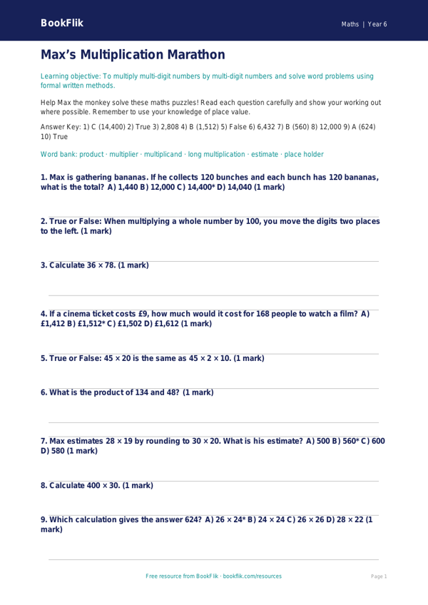 Free Multiplication Quiz | Year 6 Core | BookFlik worksheet preview — Maths Multiplication