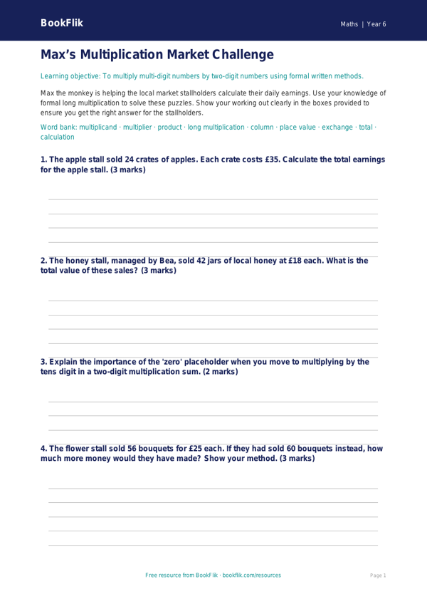 Free Multiplication Template | Year 6 Core | BookFlik worksheet preview — Maths Multiplication