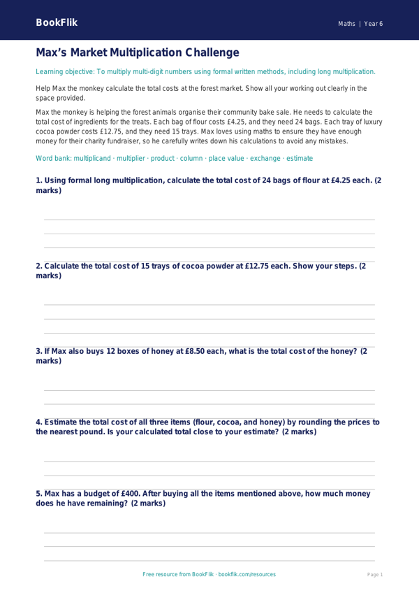 Free Multiplication Track Sheet | Year 6 Core | BookFlik worksheet preview — Maths Multiplication