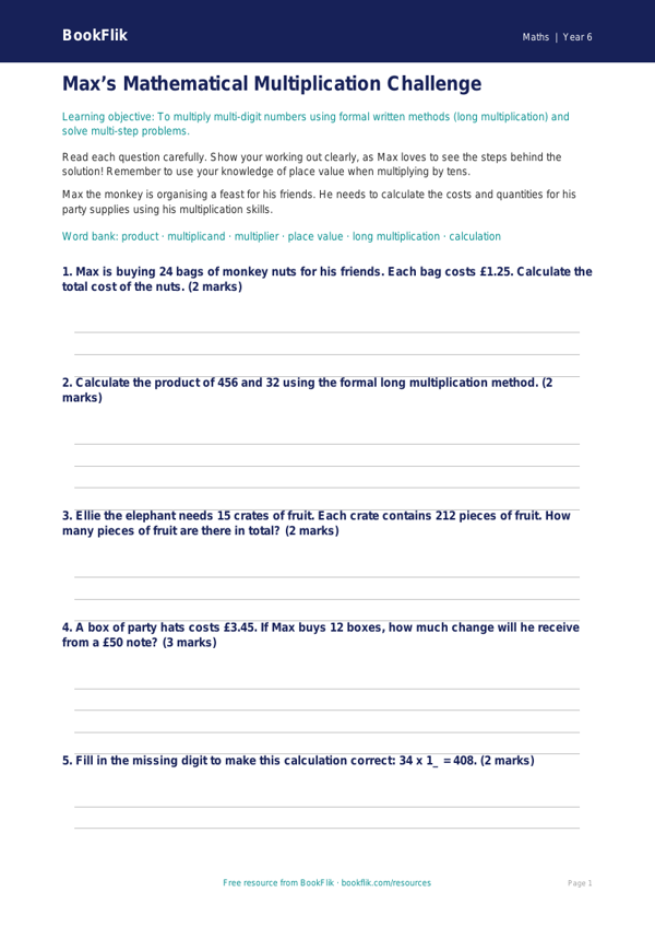 Free Multiplication Worksheet | Year 6 Core | BookFlik worksheet preview — Maths Multiplication