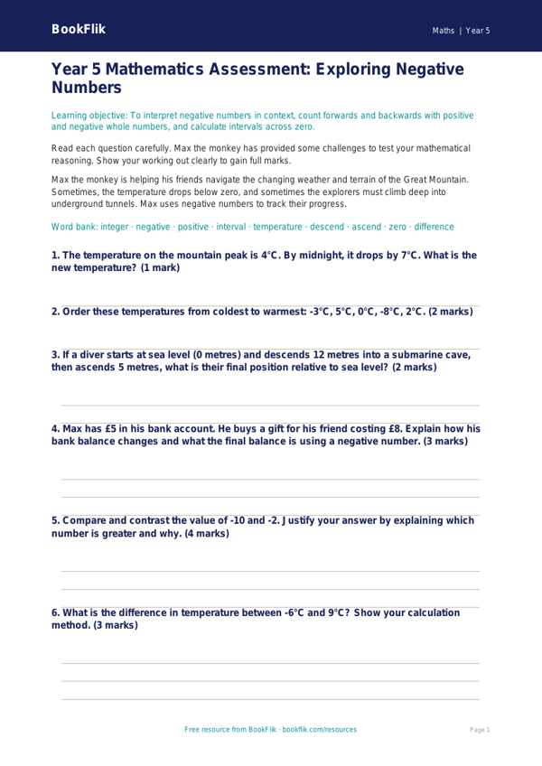Free Negative Numbers Assessment | Year 5 Greater Depth | BookFlik worksheet preview — Maths Negative Numbers